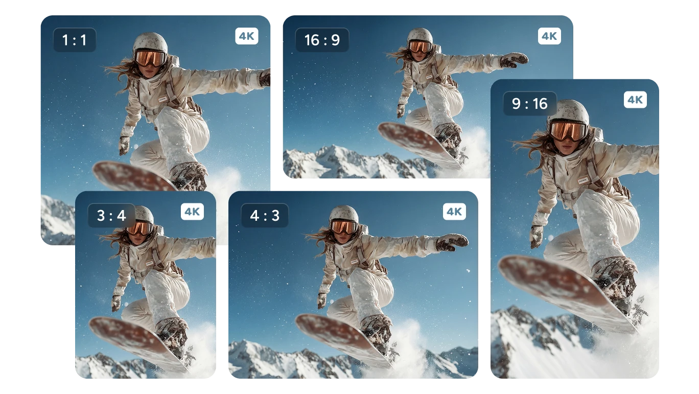 un portrait de fille en train de faire du skate en cinq formats d’image différents avec une icône 4K